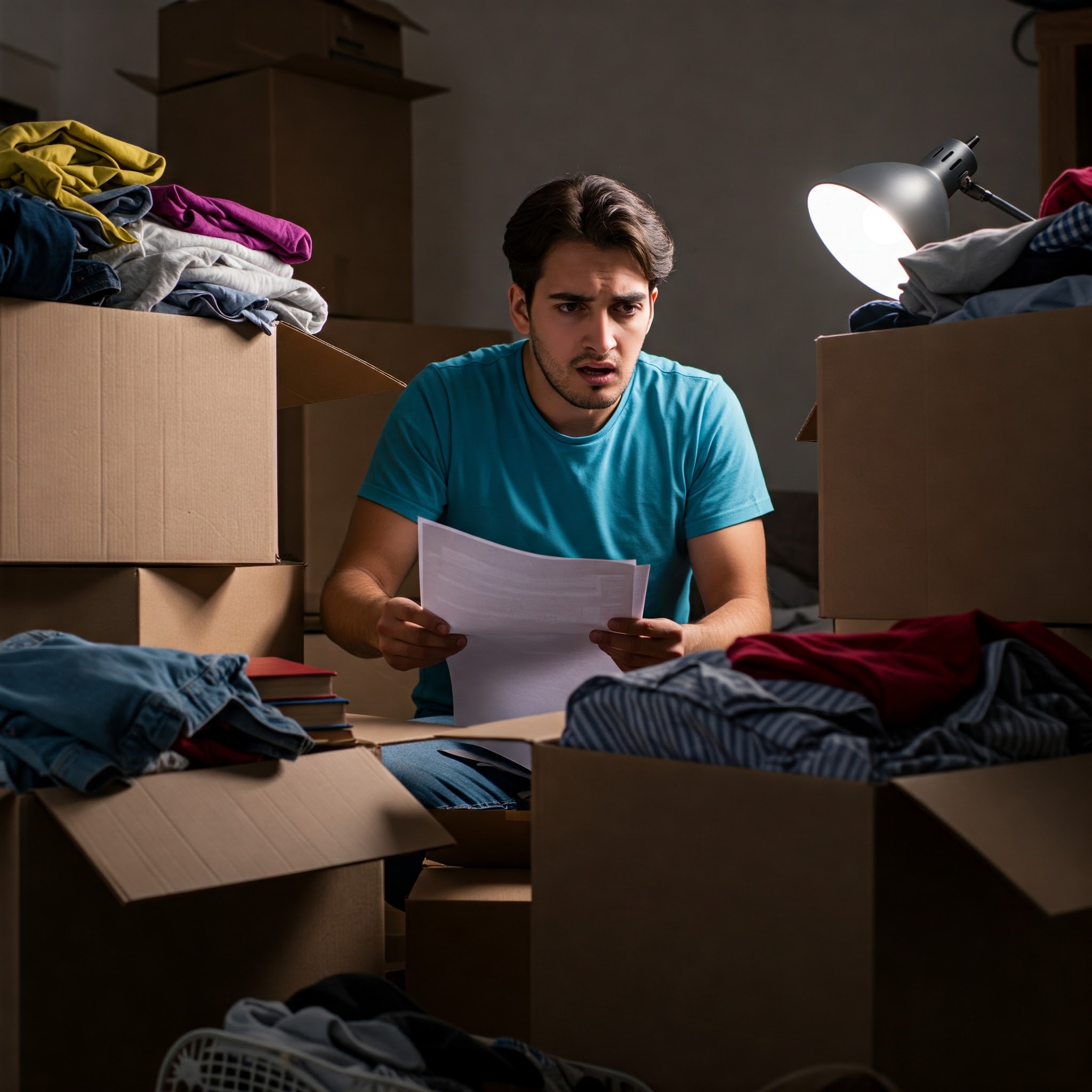 Person looking stressed while packing boxes late at night