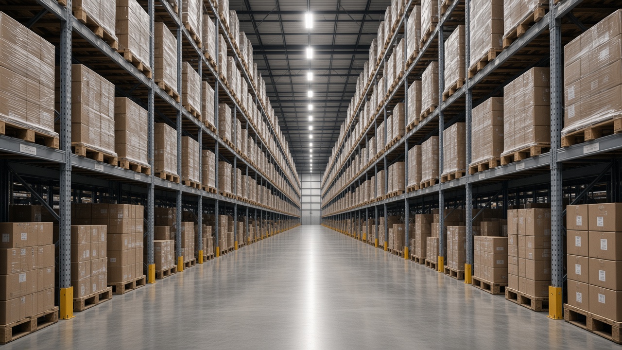Warehouse aisle used for staged household goods and equipment