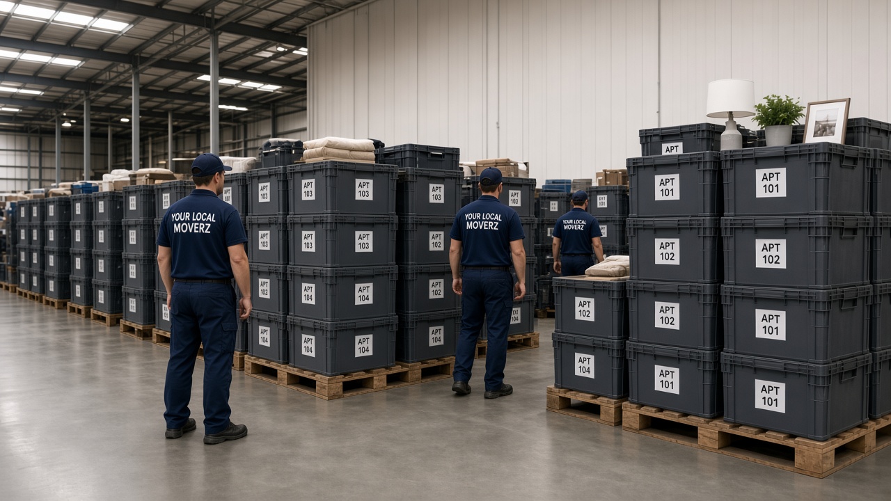 Apartment totes staged for the Leumas Group relocation to storage