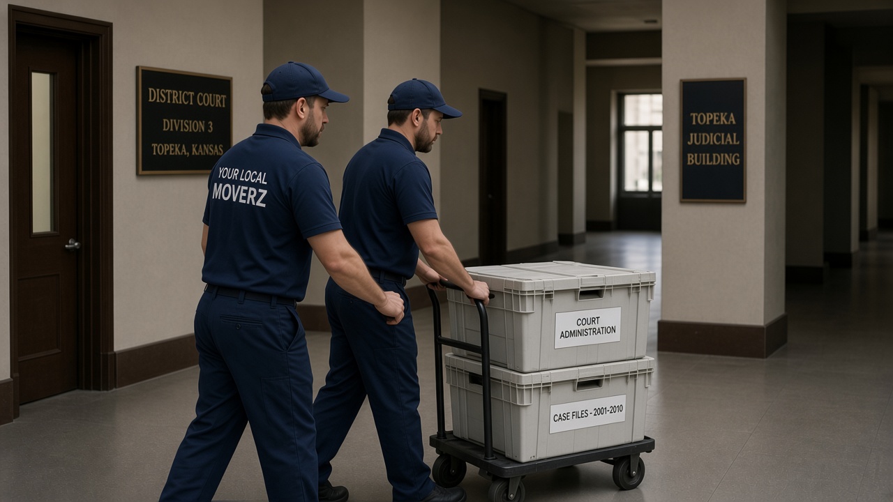 Crew moving court administration and case file bins at the Topeka Judicial Building