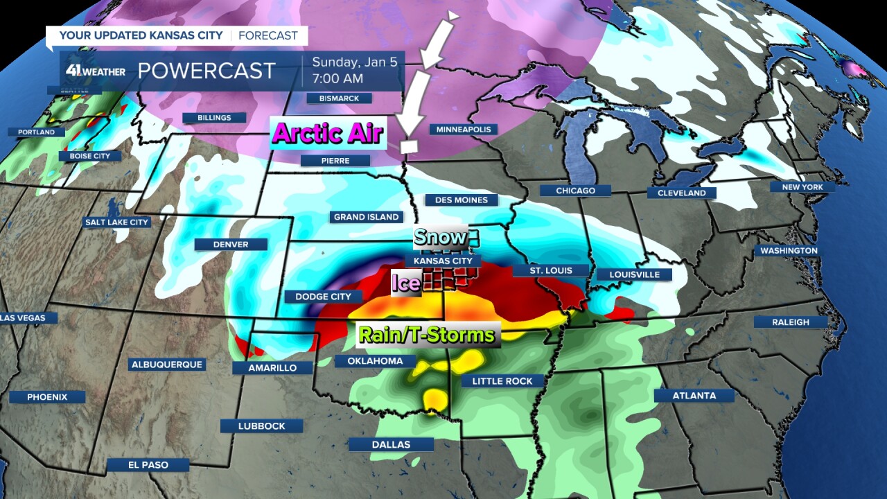 Weather map showing typical winter patterns in Kansas City metro area